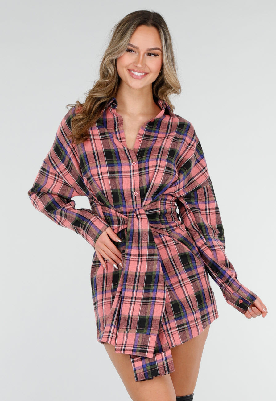 Roze Geruite Blouse Jurk met Strikmouwen