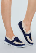 Donkerblauwe Loafers met Beige Bontvoering en Witte Zool