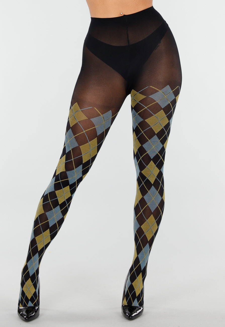 Blauw Gele Panty met Argyle Print