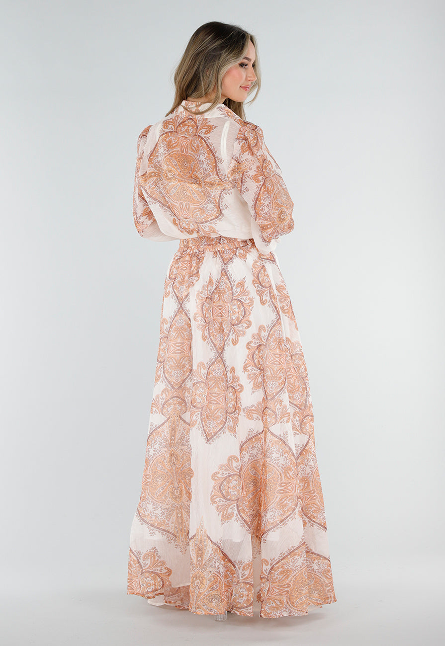 Oranje Blouse met Paisley Print en Lange Mouwen