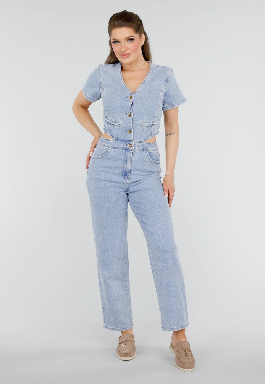 Redial Jeans Denim Jumpsuit met Cut-outs, Korte Mouwen en Knopen