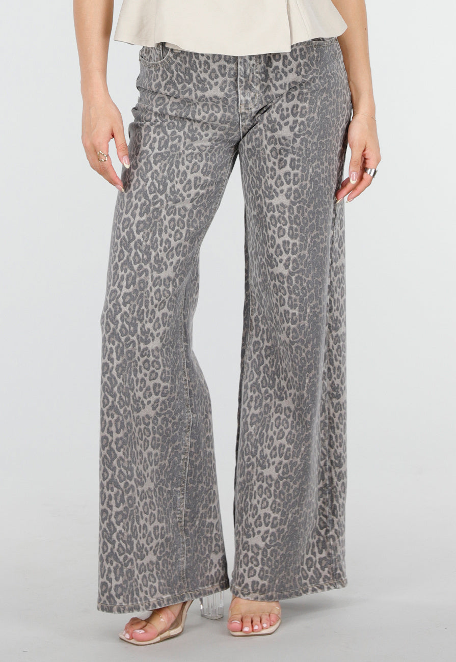 Grijze Denim Leopard Print Wide Leg Jeans met Stretch