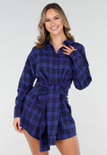Donkerblauwe Geruite Blouse Jurk met Strikmouwen