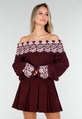 Bordeaux Off Shoulder Trui met Fair Isle Motief en Lange Mouwen