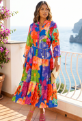 Multicolor Maxi Jurk met Knoopsluiting en Grote Bloemenprint