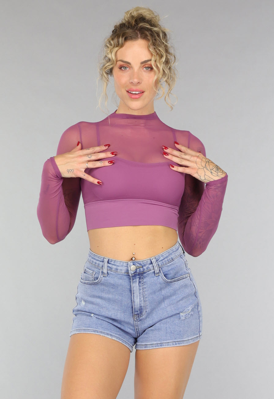 Aubergine See Through Sporttop met Ingewerkte Sport-bh
