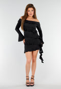 Zwarte Off-Shoulder Jurk Met Volants en Lange Mouwen
