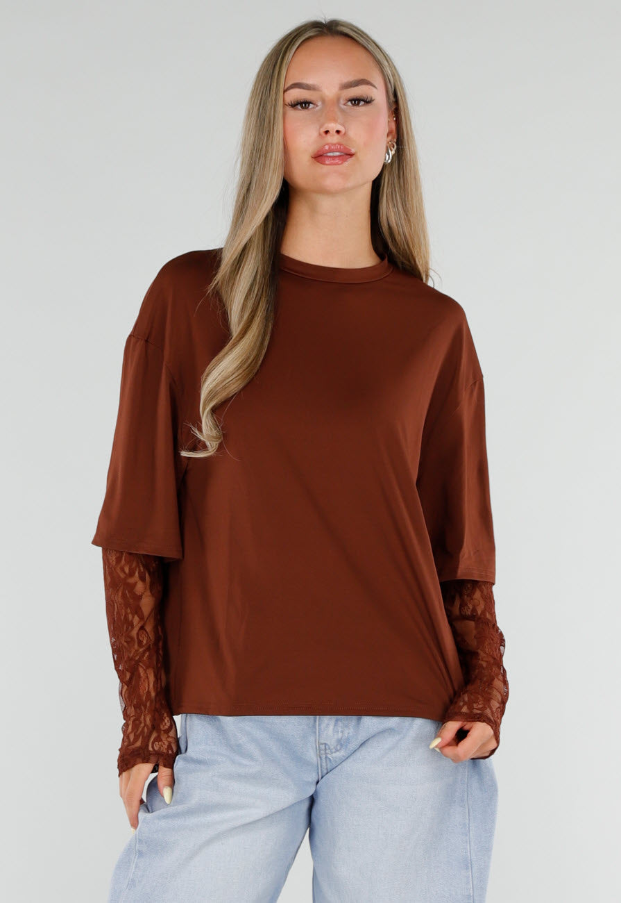NEW120826 Bruine Top met Kanten Lange Mouwen en Ronde Hals