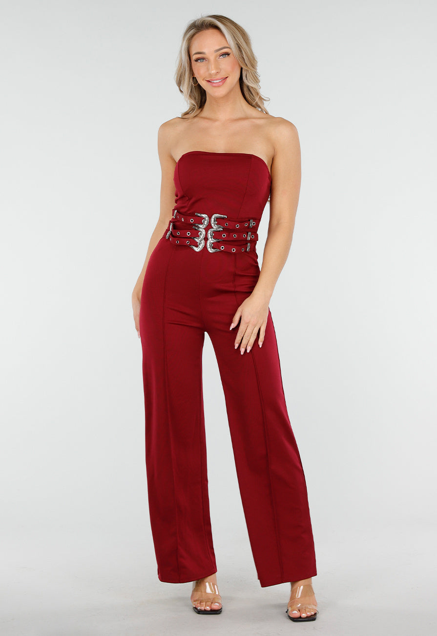 Bordeauxrode Strapless Jumpsuit met Gespen en Rechte Pijpen