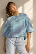 Blauw Gestreept Oversized T-Shirt met Korte Mouwen