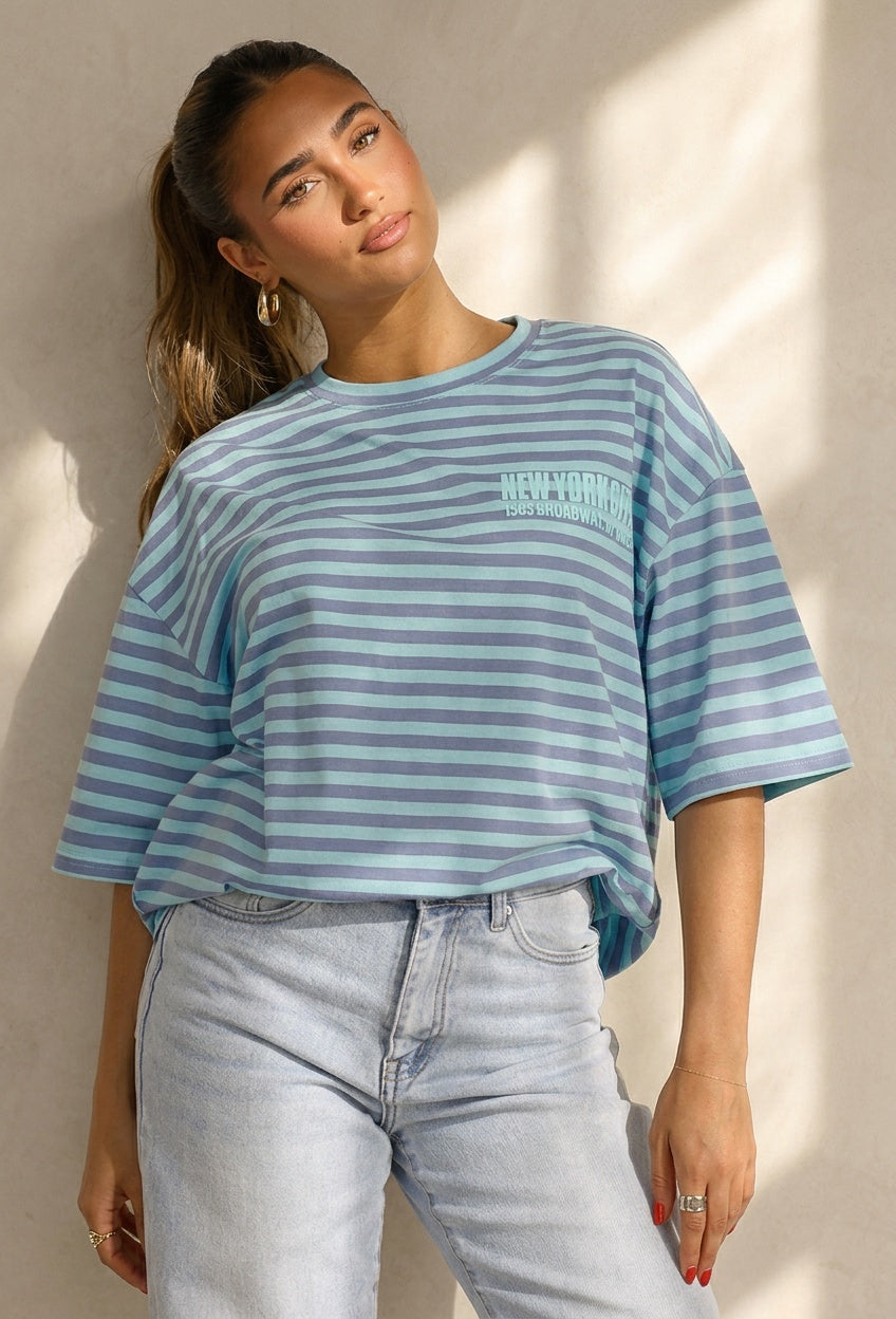 Blauw Gestreept Oversized T-Shirt met Korte Mouwen