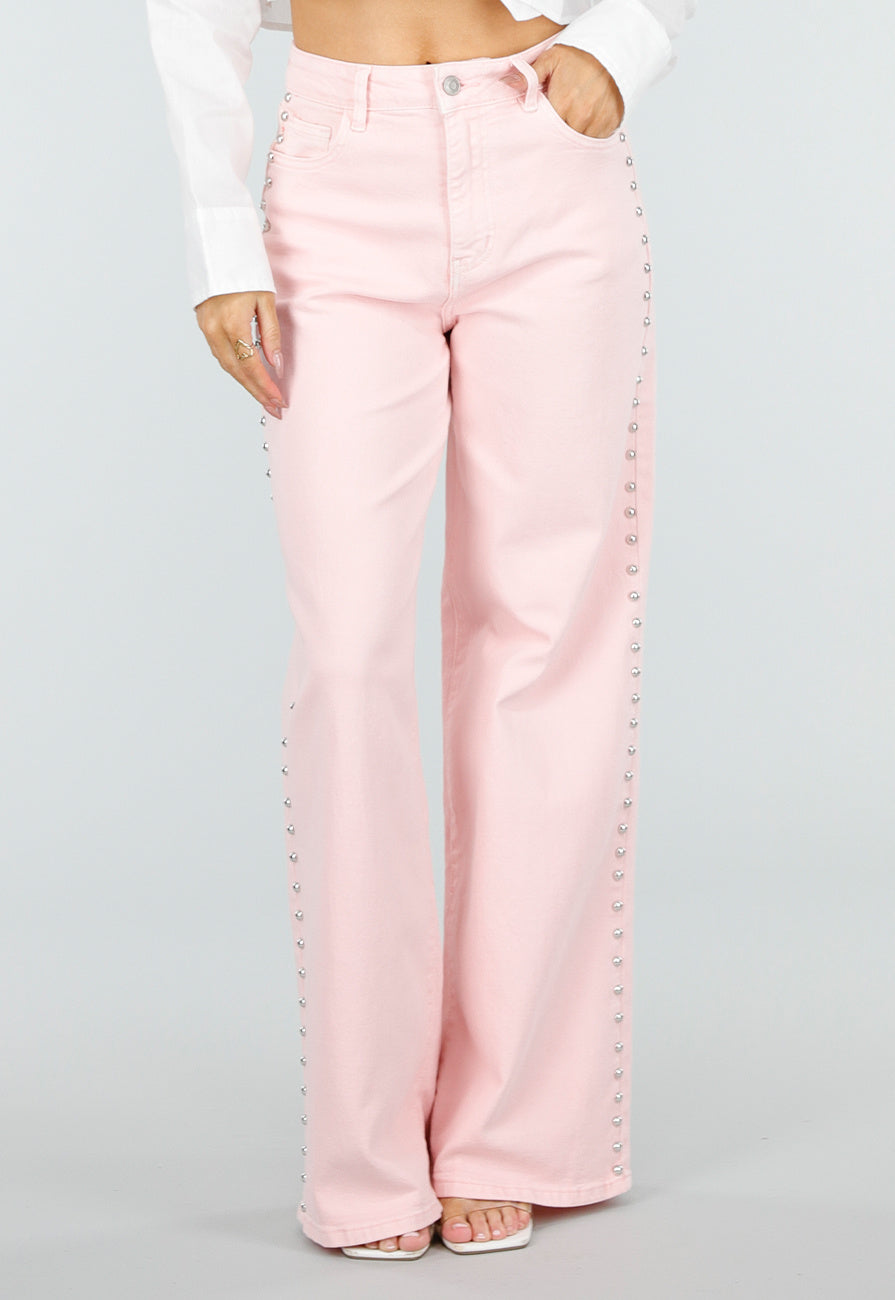Lichtroze High Waist Wide Leg Jeans met Stud Details