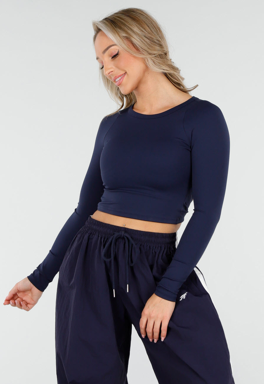 Donkerblauwe Crop Top met Pads en Open Rug