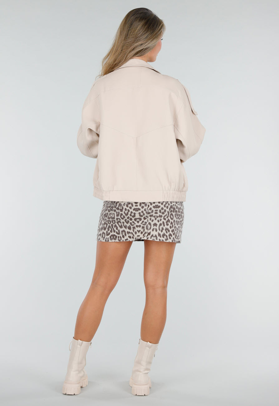 Beige Bikerjack met Opstaande Kraag en Ritssluiting