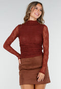 Roestkleurige See Through Kanten Top met Gedrappeerd Effect