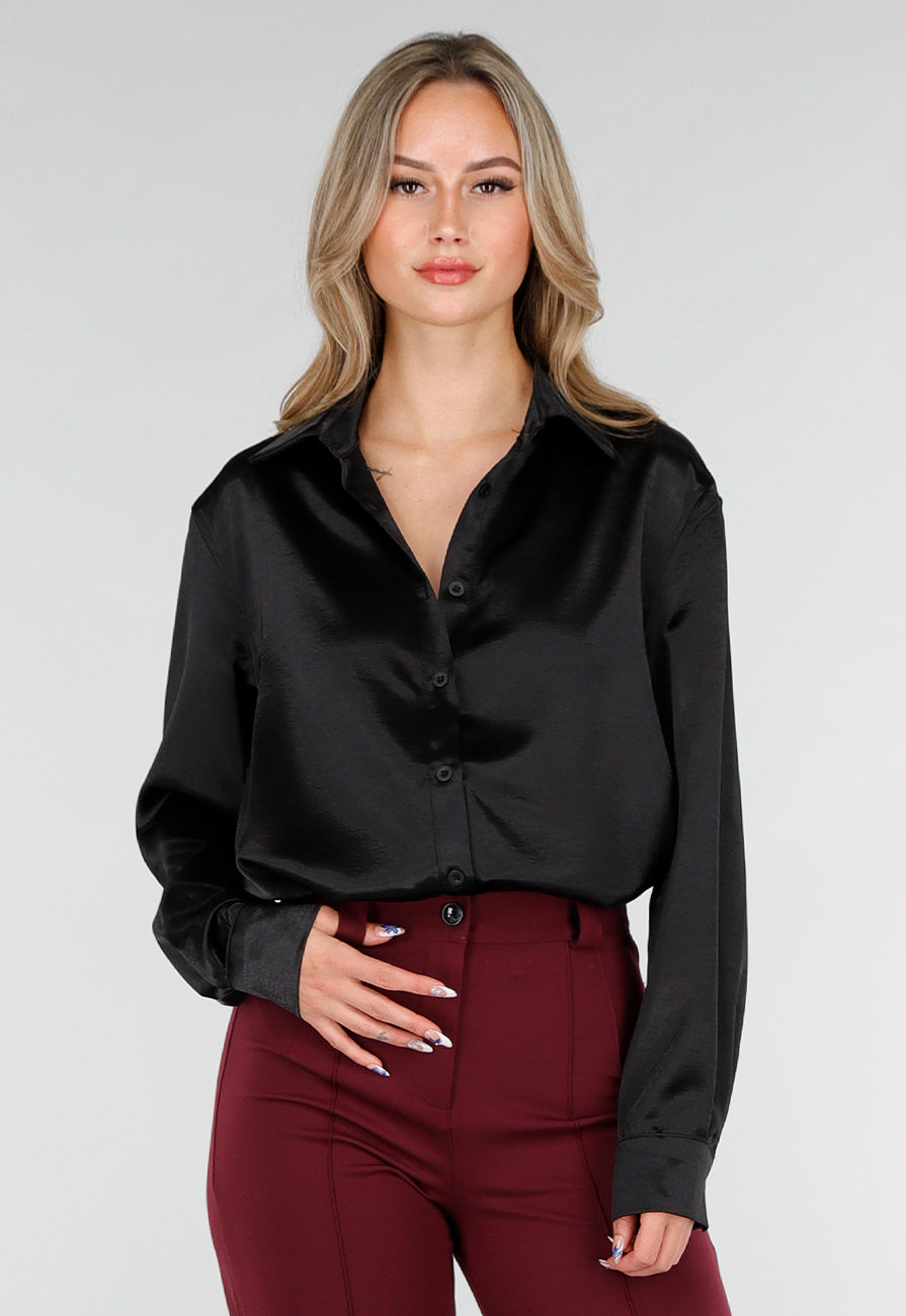 Zwarte Satijnlook Blouse met Lange Mouwen en Knoopsluiting