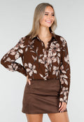 Bruine Blouse met Bloemenprint en Lange Mouwen