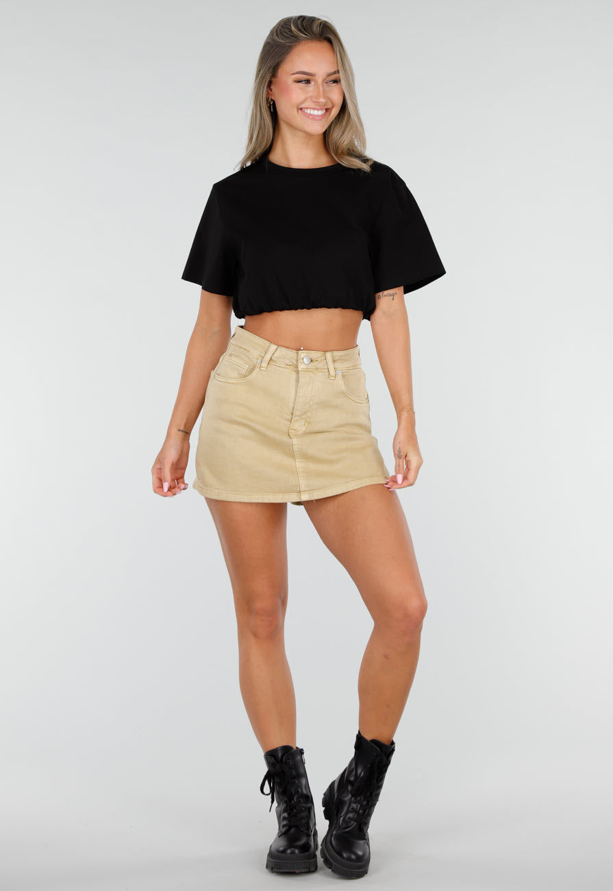 Beige Denim Skort met Stretch en Hoge Taille