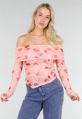 Roze Off Shoulder Mesh Top met Bloemenprint