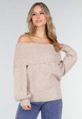 Beige Off Shoulder Wollen Gebreide Trui en Losse Pasvorm