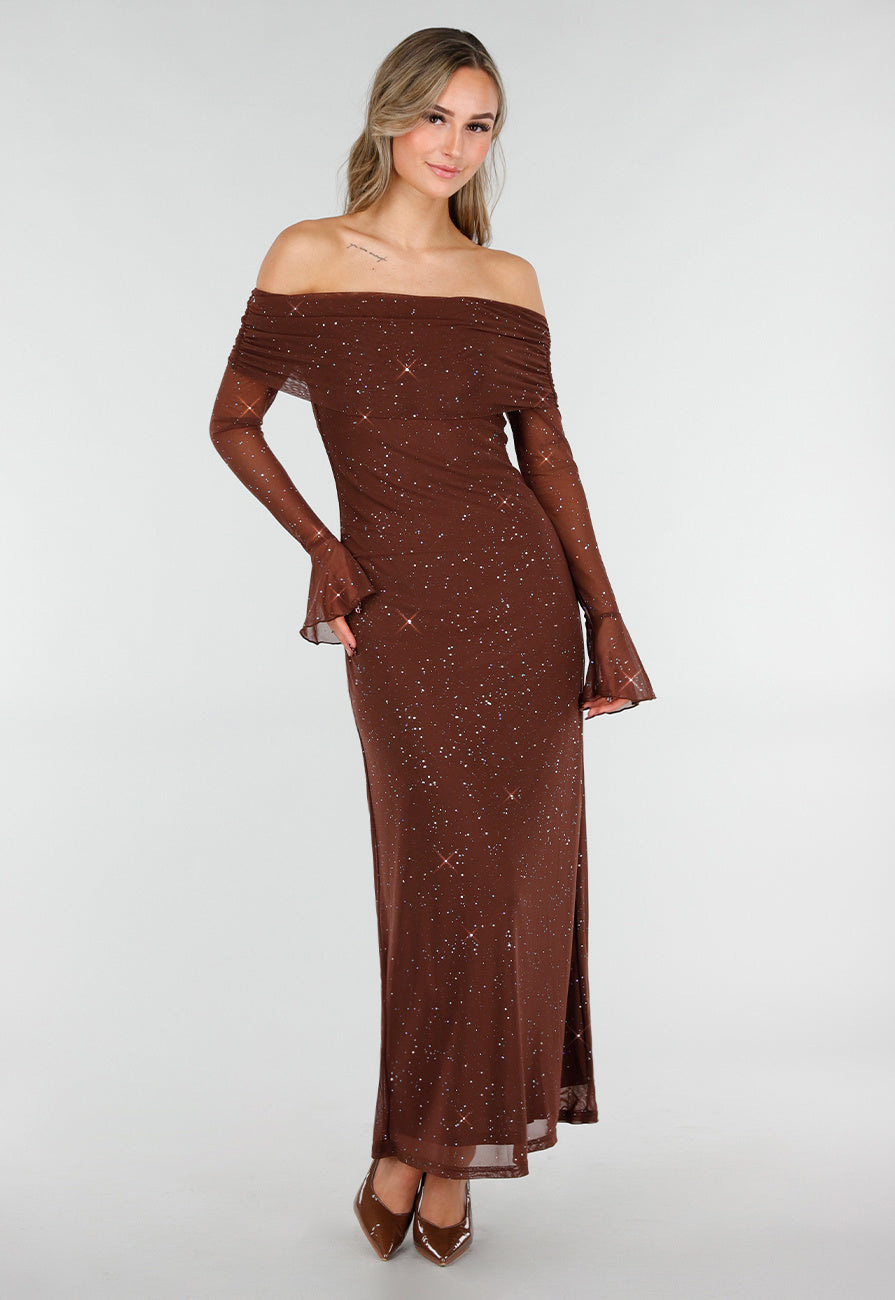 Bruine Off Shoulder Maxi Glitter Jurk met Lange Mouwen
