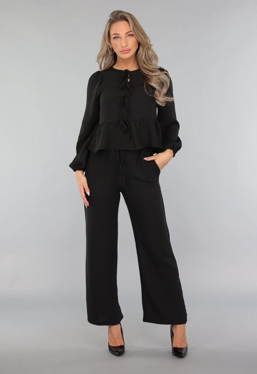 Zwarte Linnenlook Two Piece met Strikjes
