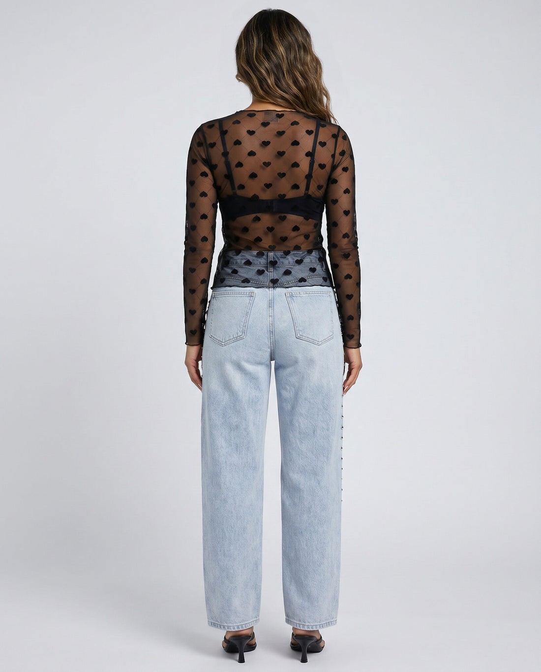 Zwarte Transparante Mesh Top met Hartjes en Lange Mouwen