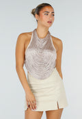 NEW120826 Champagne Halter Fringe Top met Verstelbare Rugsluiting