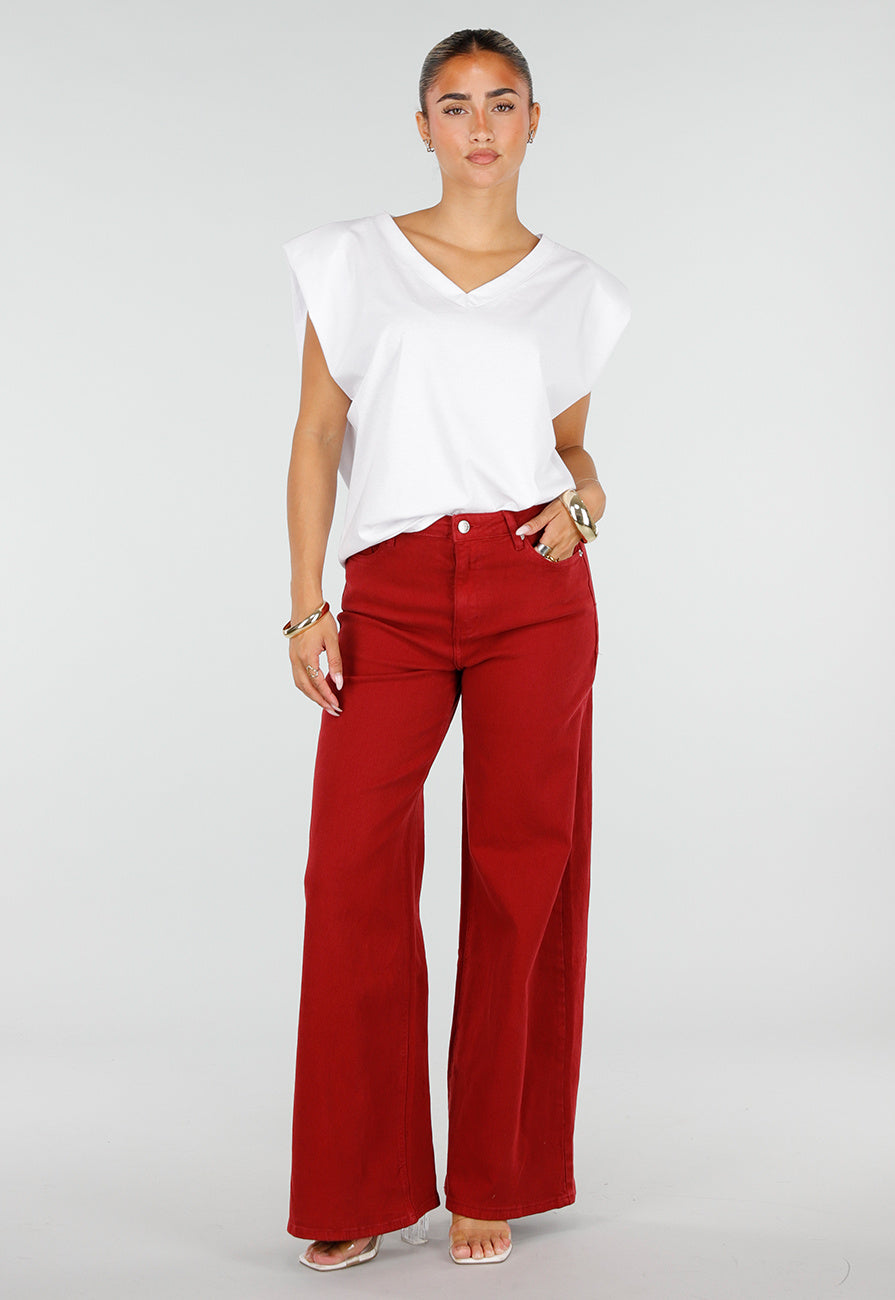 NEW120826 Rode Wide Leg Jeans met Hoge Taille en Lichte Stretch
