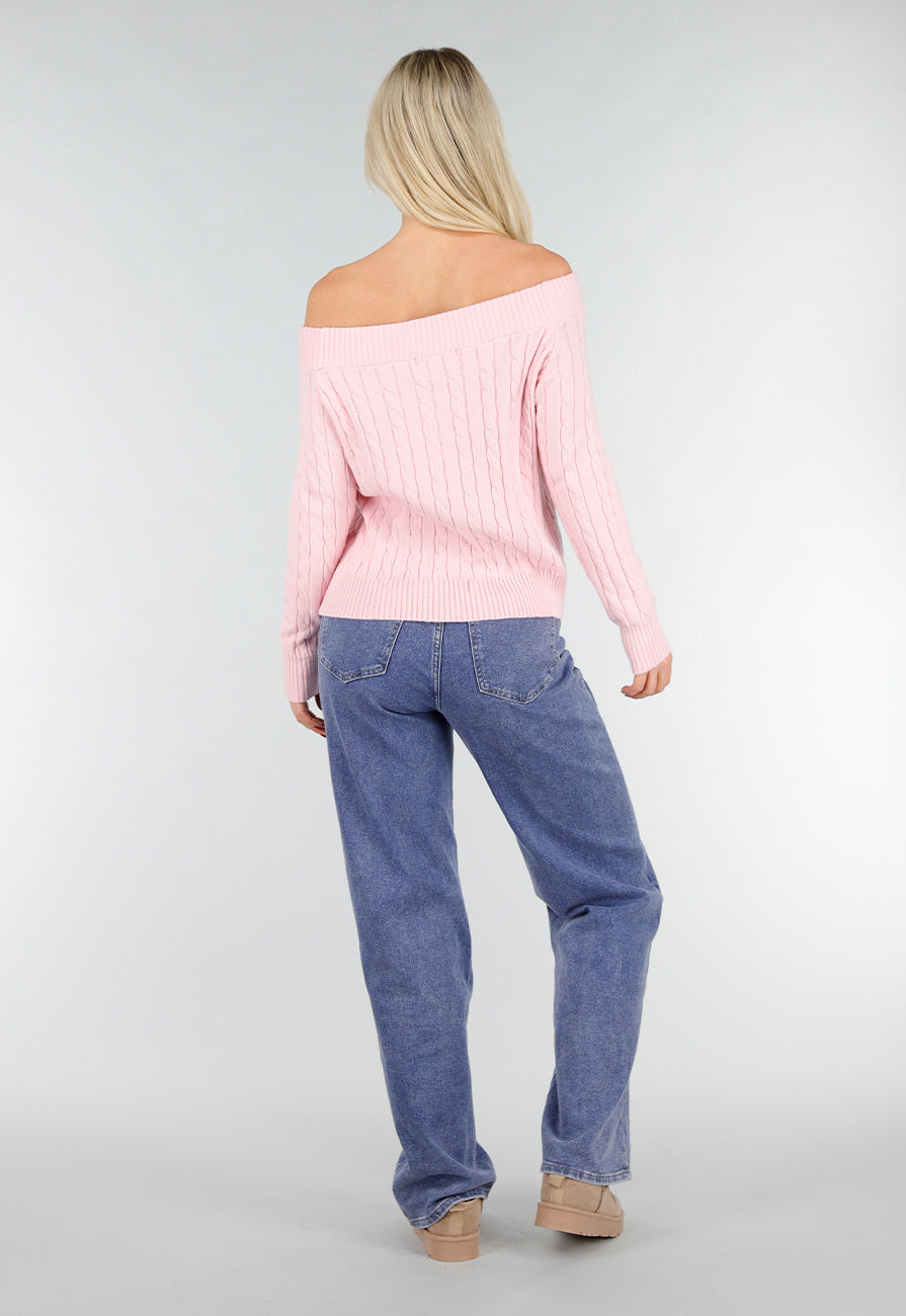 Lichtroze Off Shoulder Trui met Kabelpatroon en Brede Halsrand
