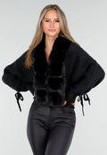 Zwarte Gebreide Cardigan met Faux Fur Kraag en Strikdetails