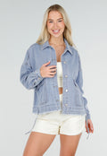 Blauwe Denim Jas met Klepzakken, Trekkoord en Knoopsluiting