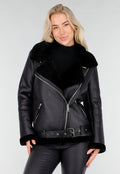 Zwarte Imitatie Leren Biker Jas met Faux Fur