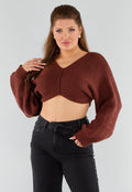 Donkerbruine Gebreide Cropped Trui met V-Hals en Ballonmouwen
