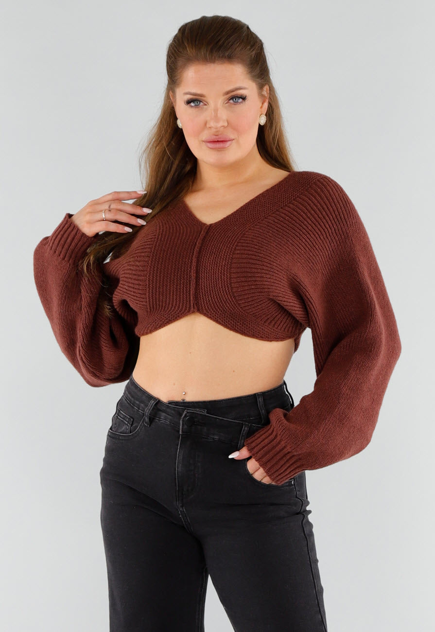 Donkerbruine Gebreide Cropped Trui met V-Hals en Ballonmouwen