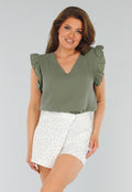 Khaki Linnenlook Mouwloos Shirt met Ruffles en V-Hals