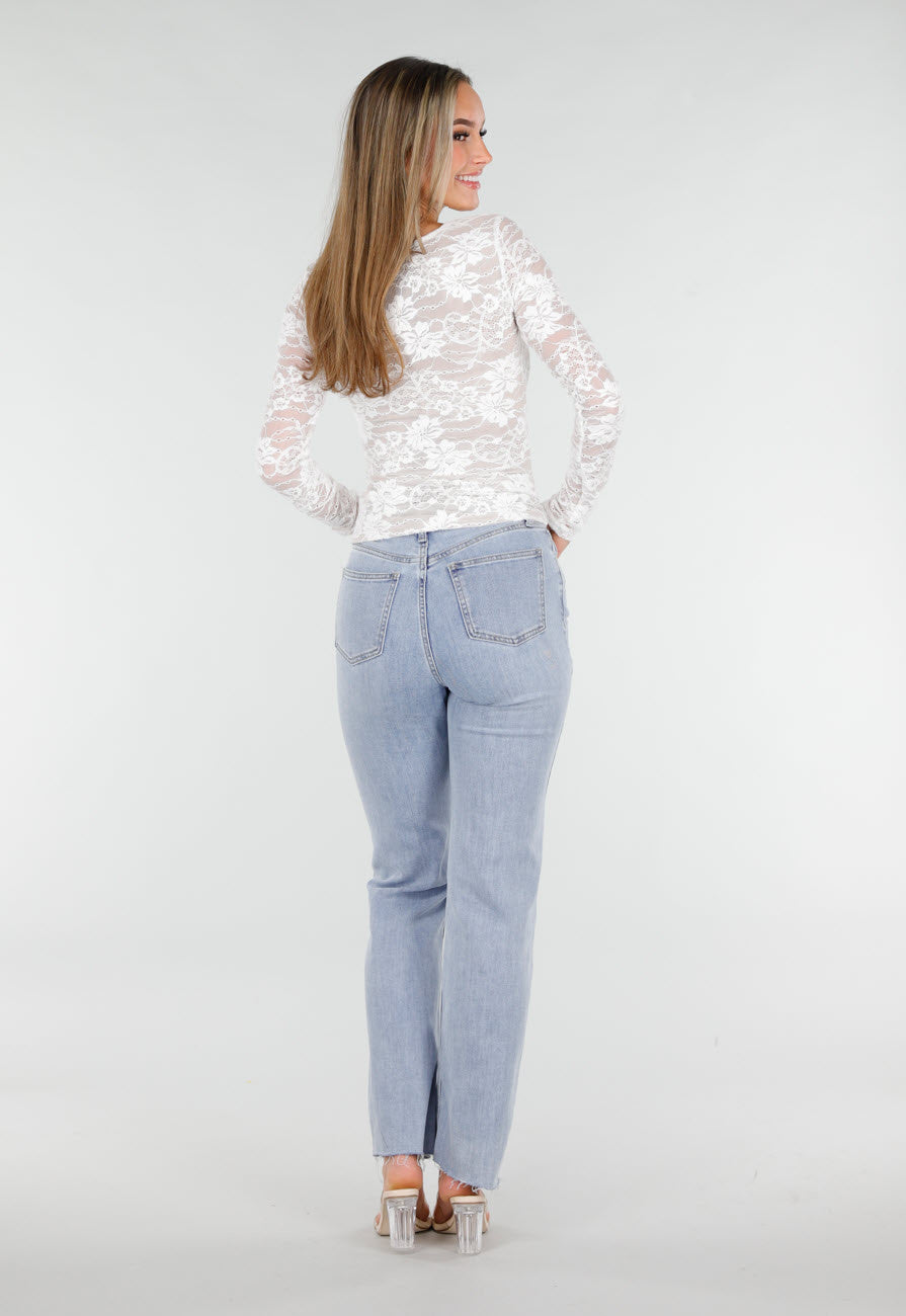 Witte Kanten Stretch Top met Lange Mouwen