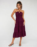 Paarse Halter Midi Jurk met Volants en Elastische Band