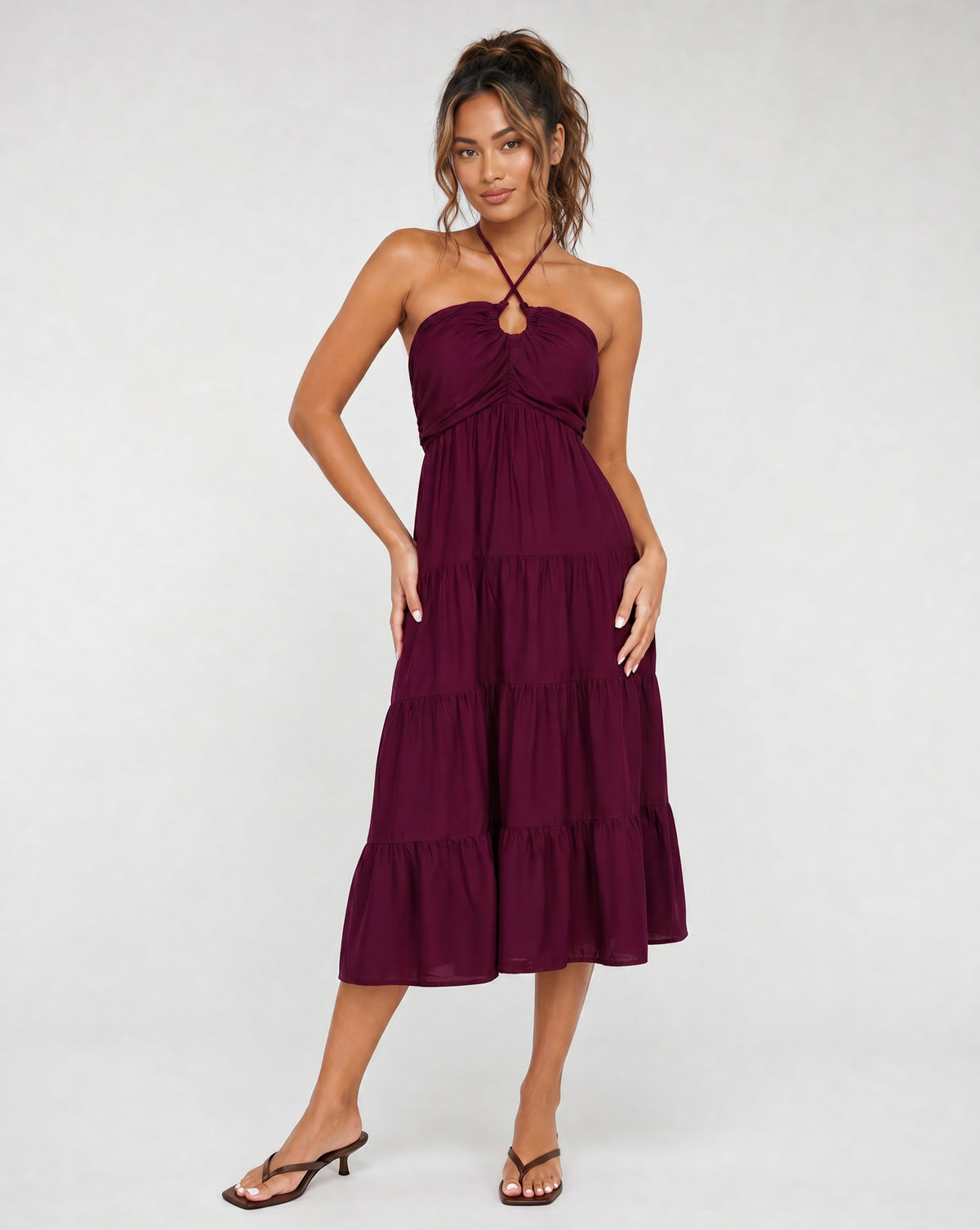 Paarse Halter Midi Jurk met Volants en Elastische Band