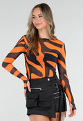 Oranje Mesh Top met Zebraprint en Lange Mouwen