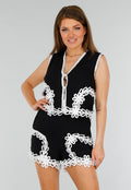Zwarte Tweedelige Stretch Set met Witte Gehaakte Details en Elastische Tailleband