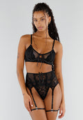 Zwarte Kanten Lingerie Set met Jarretelgordel Strikdetails en Mesh