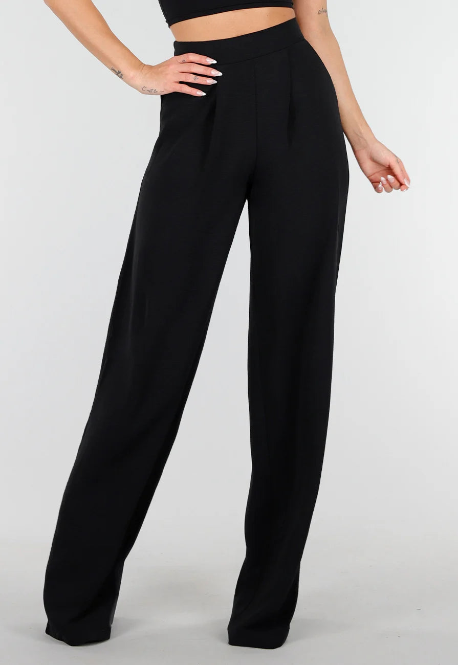 High Waist Zwarte Linnen Look Tall Broek met Tailleband