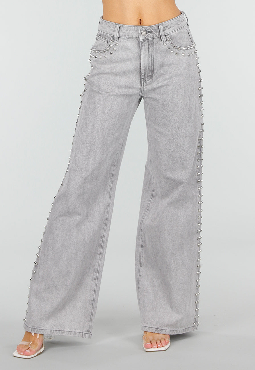 Grijze Wide Leg Jeans met Stud Details en High Waist Pasvorm