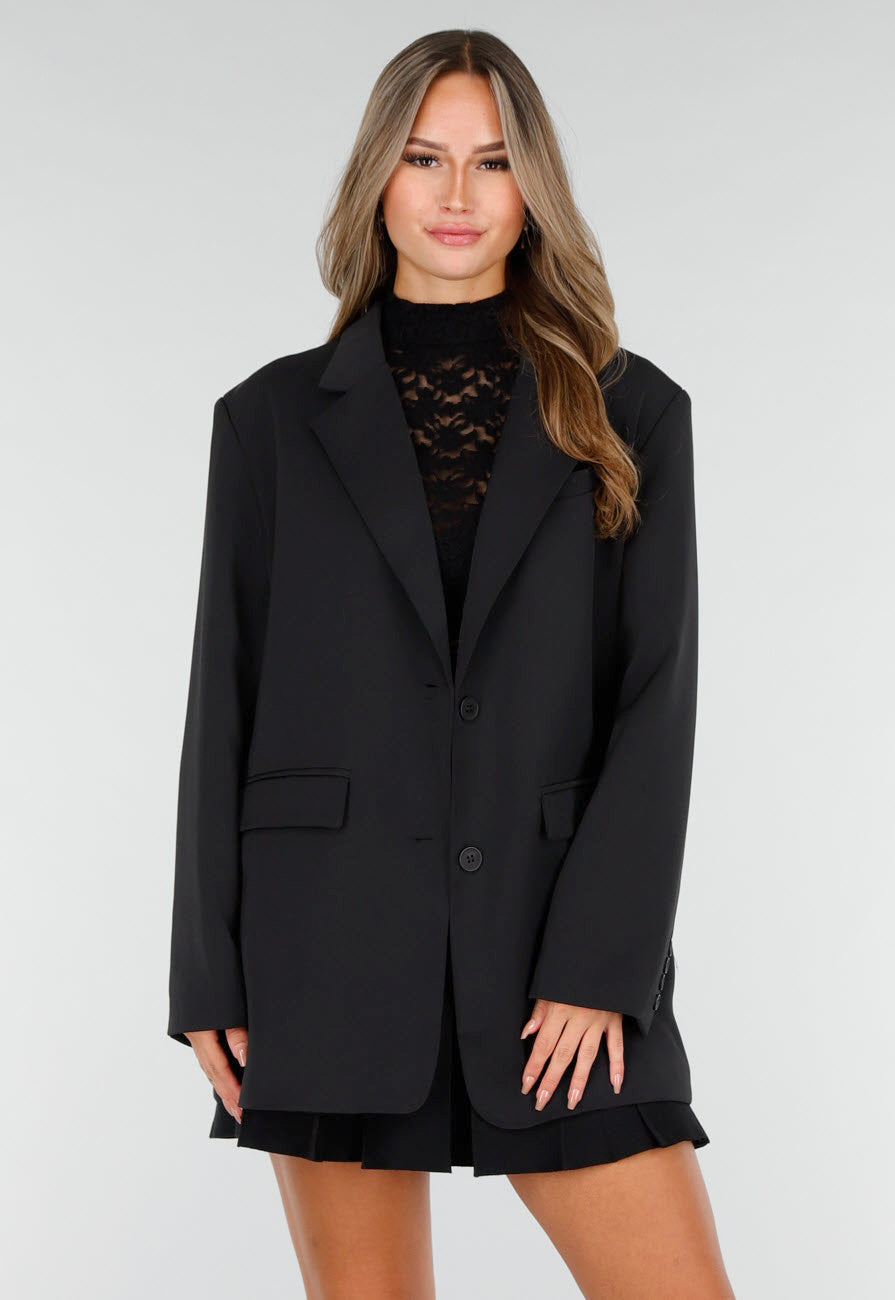 Zwarte Oversized Stretch Blazer met Schoudervullingen