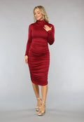 Rode Geplooide Bodycon Jurk met Lange Mouwen