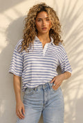 Wit Blauwe Gestreepte Polo Top met Kraag en Korte Mouwen
