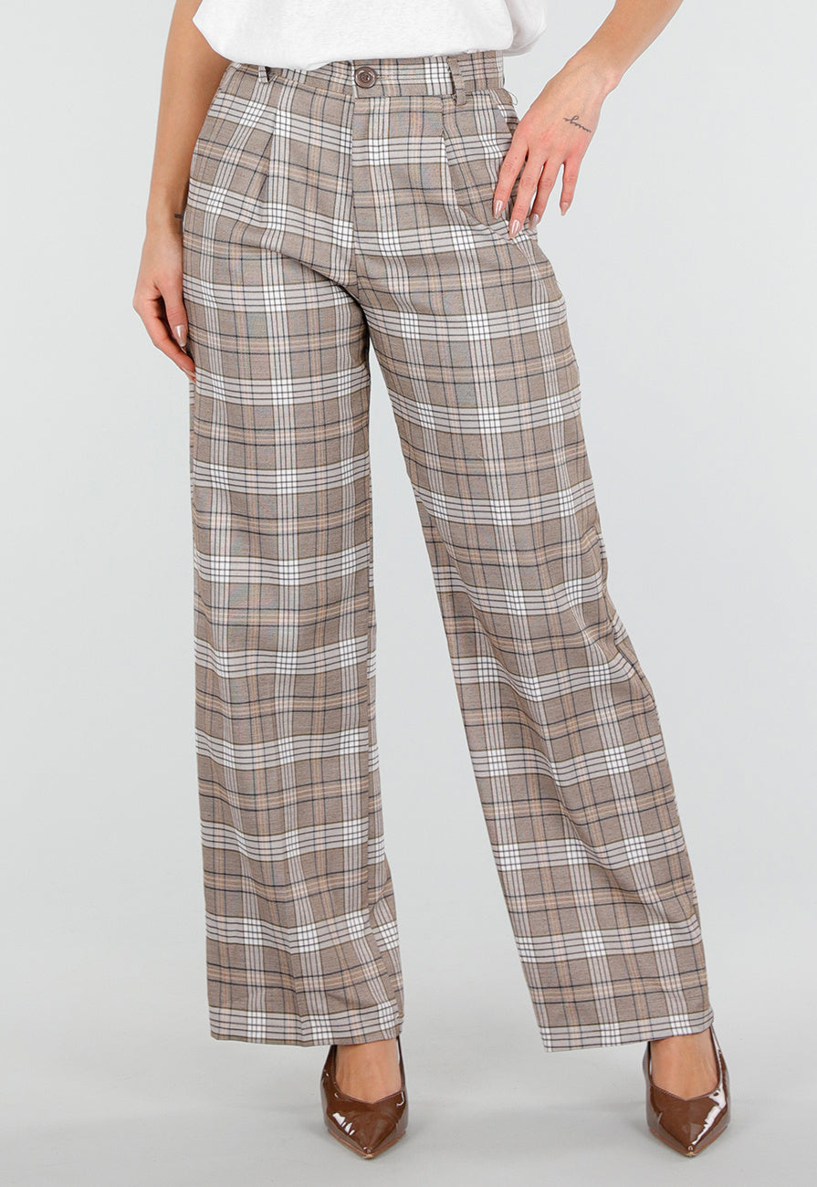 Beige Geruite Pantalon Straight Leg