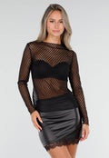 Zwarte Doorschijnende Geruite Mesh Top met Lange Mouwen