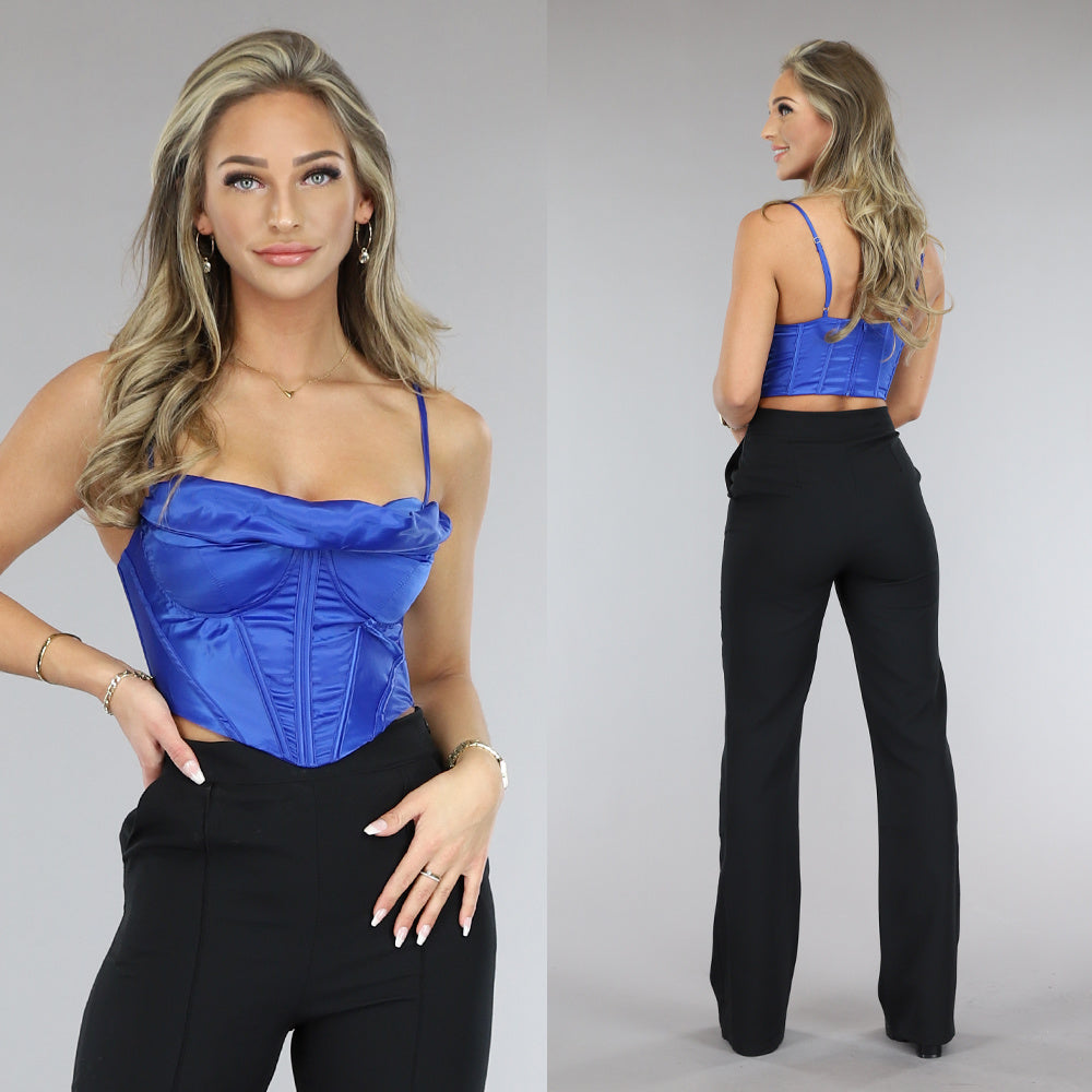 Donkerblauwe Satin Korset Top met Gedrapeerd Detail